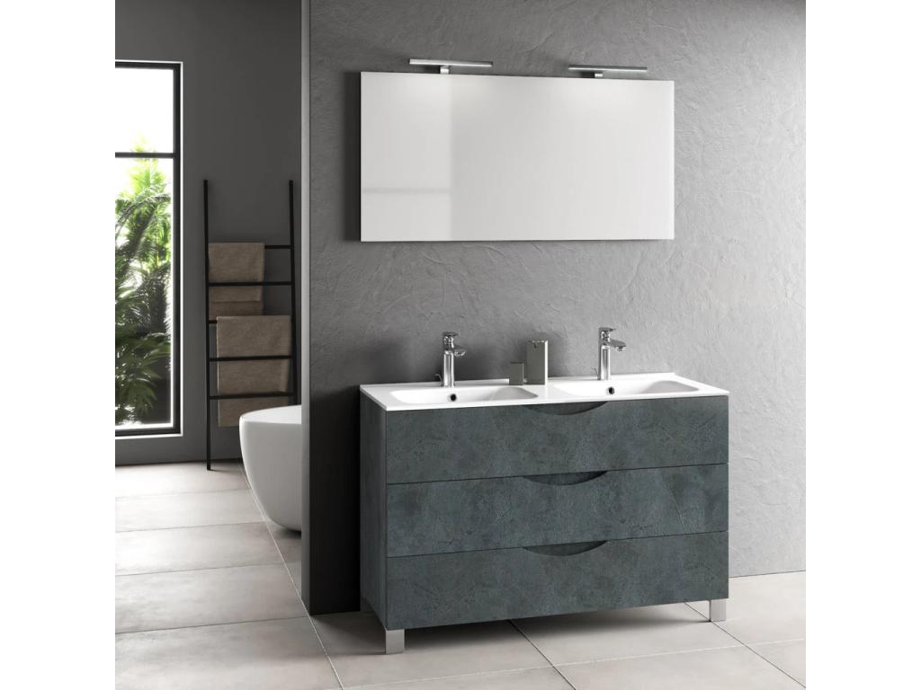 Ensemble meuble de salle de bain 3 tiroirs bleu effet pierre double vasque et miroir à LED Boisona L 120cm THWF86978