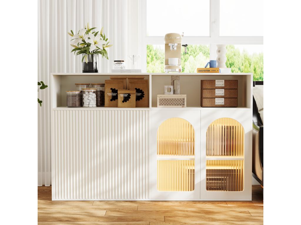 Buffet avec 2 portes vitrées et 2 portes magnétiques et 2 niches - LEDs - 140x35x90 cm - Bois MDF - pour salon cuisine - Blanc LGMV60147