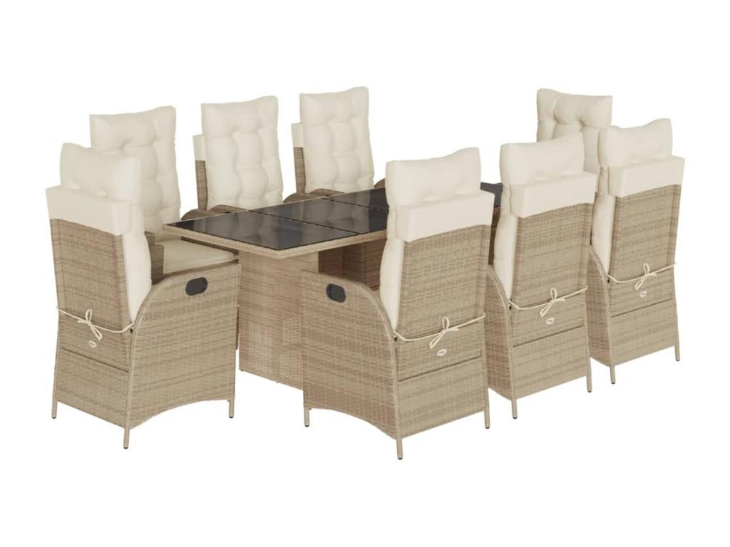 Ensemble à manger de jardin et coussins 9 pcs beige Poly rotin ZPAU76748