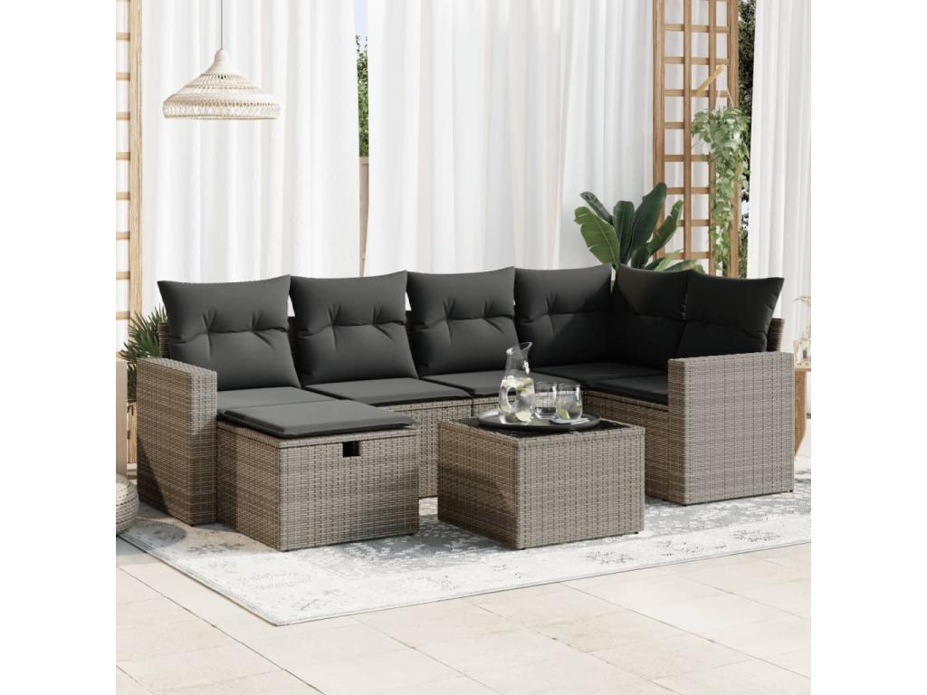 Salon de jardin avec coussins 7 pcs gris résine tressée FARI34746