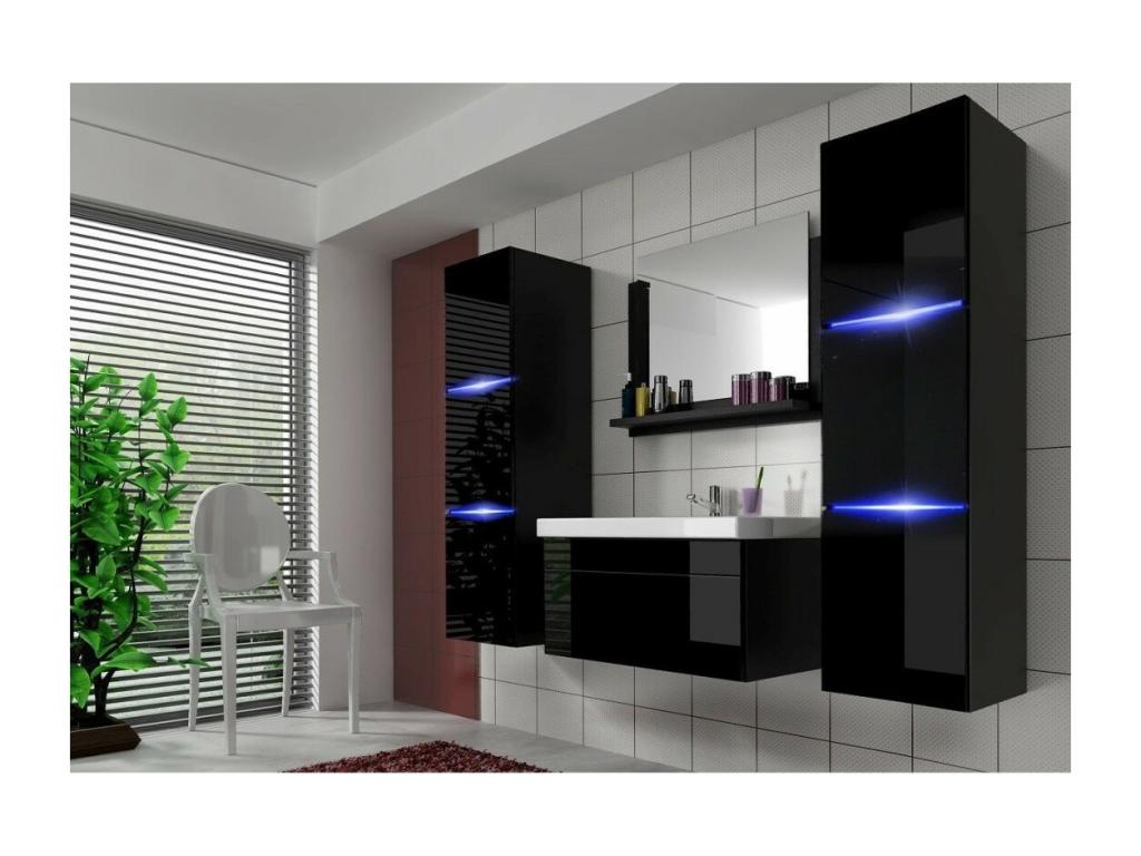 Ensemble meubles de salle de bain collection Boisona coloris noir mat et brillant avec miroir QAWO62615