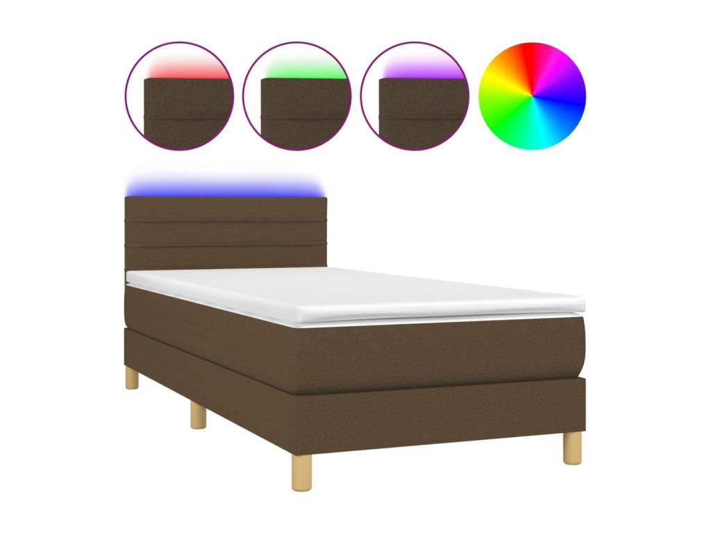 Sommier tapissier matelas et LED Marron foncé 100x200cm Tissu PJCI14084