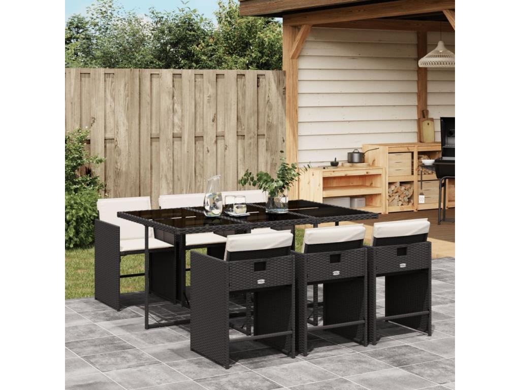 Ensemble à manger de jardin coussins 7 pièces Noir Résine tressée XMFR47503