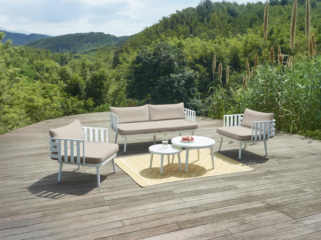 Salon de jardin en aluminium canapé 2 places 2 fauteuils et 2 tables basses - Blanc - Boisona JSEW91622