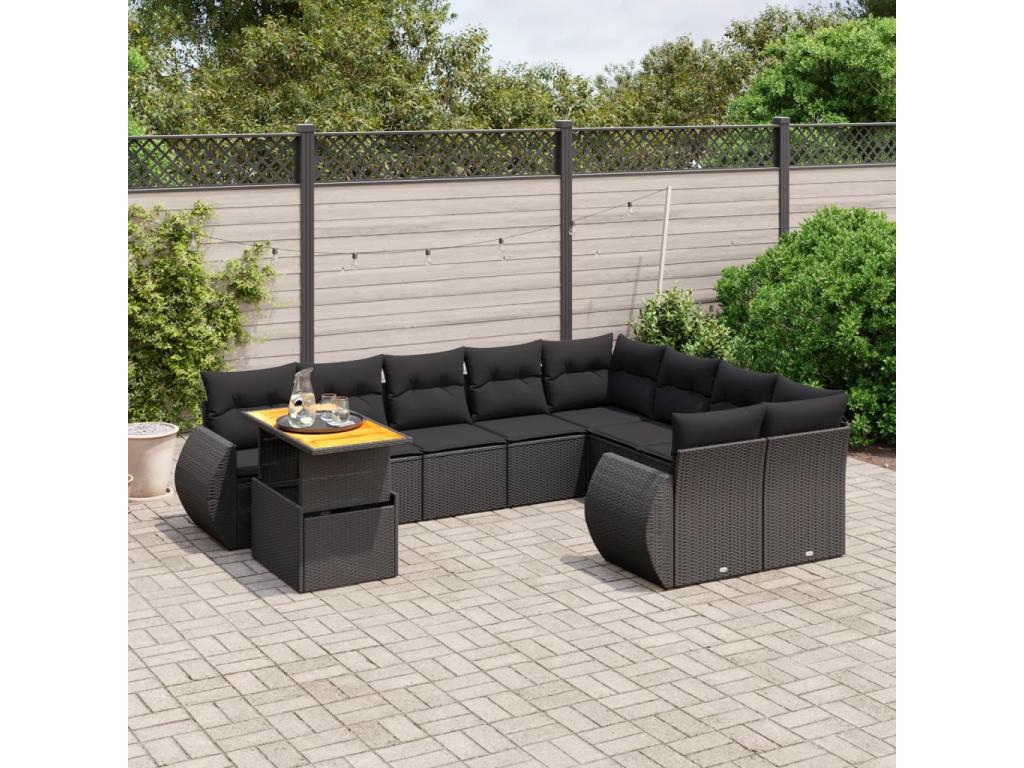 Salon de jardin 10 pcs avec coussins noir résine tressée KQBN51811