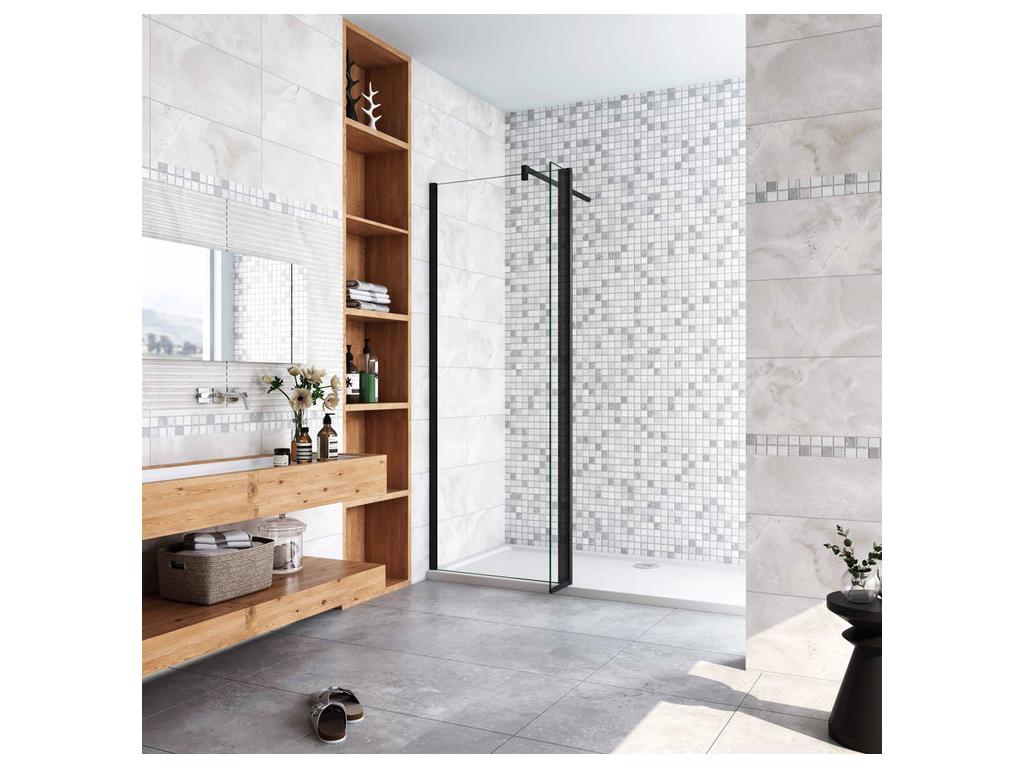 Paroi de douche à l'italienne avec retour pivotant 60 40x200cm avec barre de fixation 90cm en carré - Noir Mat - 8mm verre anticalcaire HHDF42835