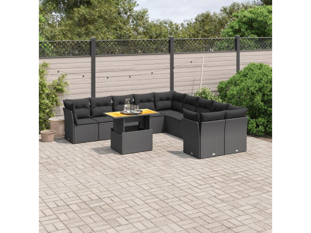Salon de jardin 11 pcs avec coussins noir résine tressée ZRQZ67679