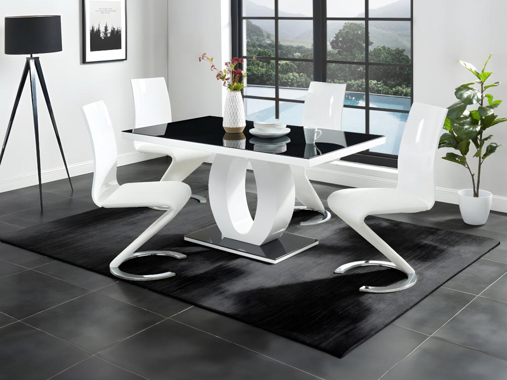 Table à manger Boisona - 6 personnes - MDF laqué / Verre trempé - Noir / Blanc CJXQ99936