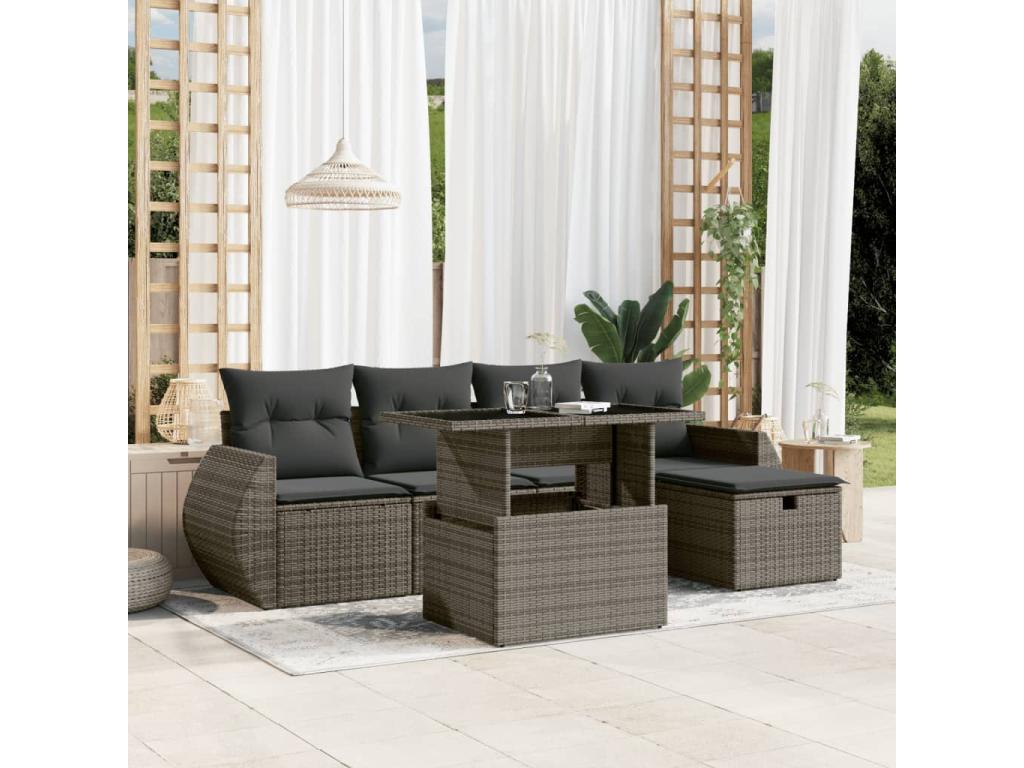 Salon de jardin 6 pcs avec coussins gris résine tressée HTTI94779