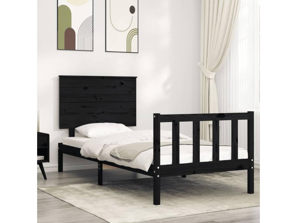 Cadre de lit avec tête de lit noir simple bois massif MQKC37448