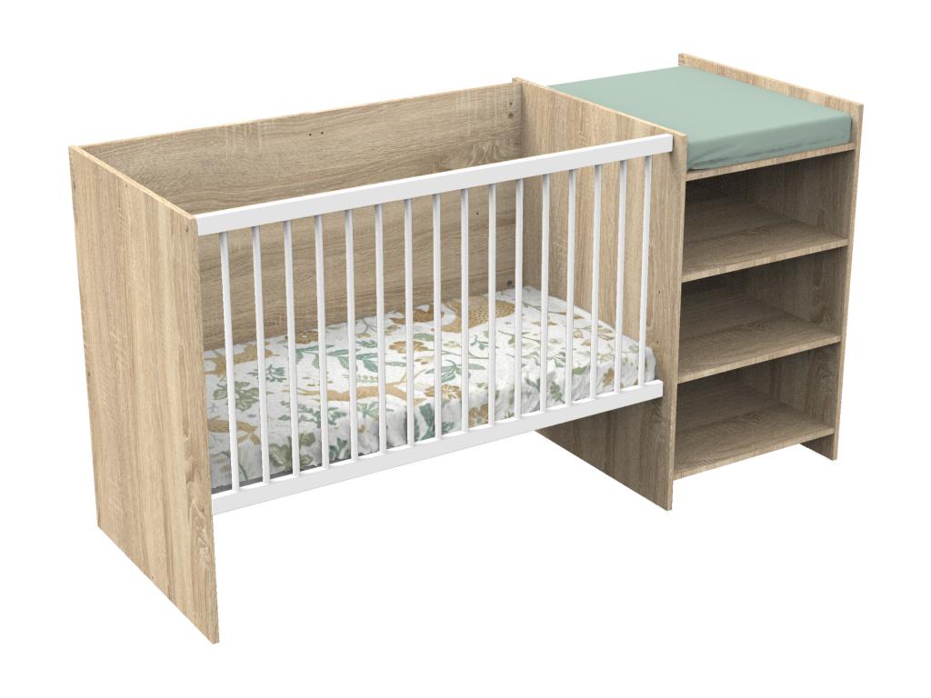 Lit bébé combiné 120x60 évolutif en 90x190 en décor bois avec commode à langer étagère SAVB34127