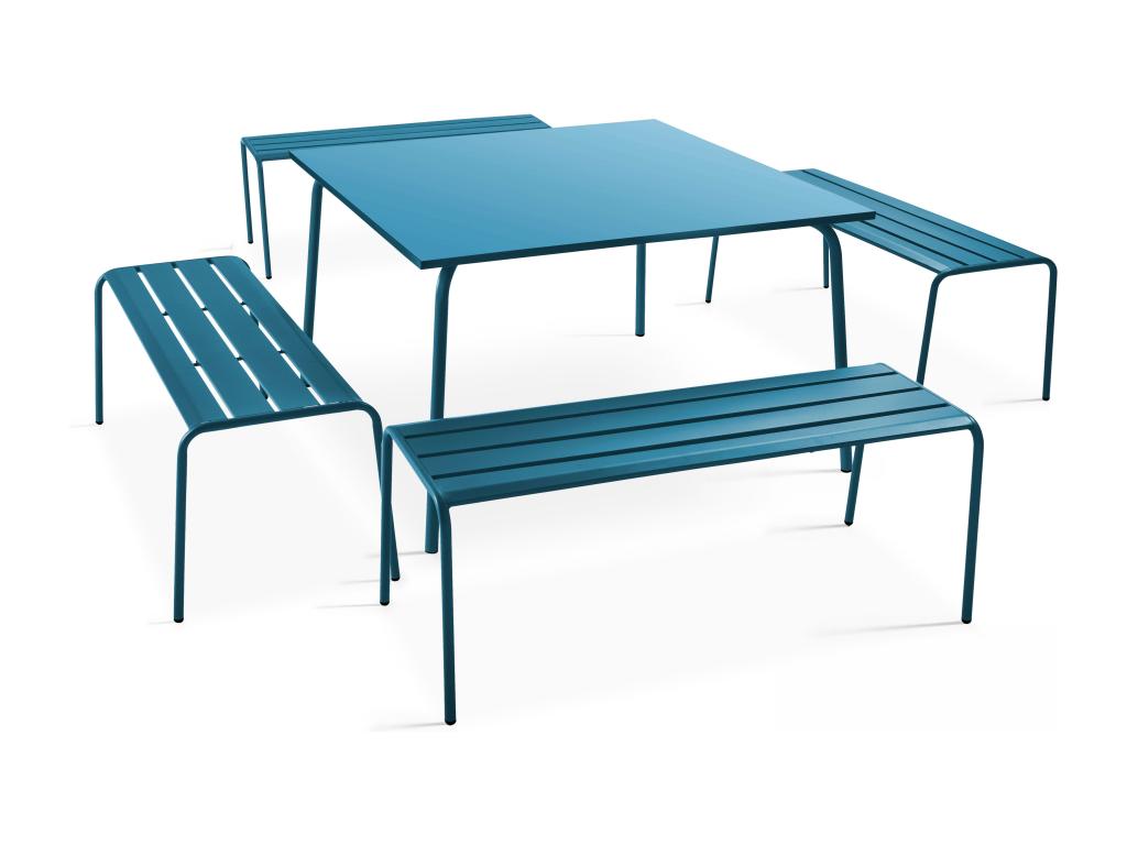 Ensemble table de jardin carrée et 4 bancs en métal bleu Boisona YLJR98271