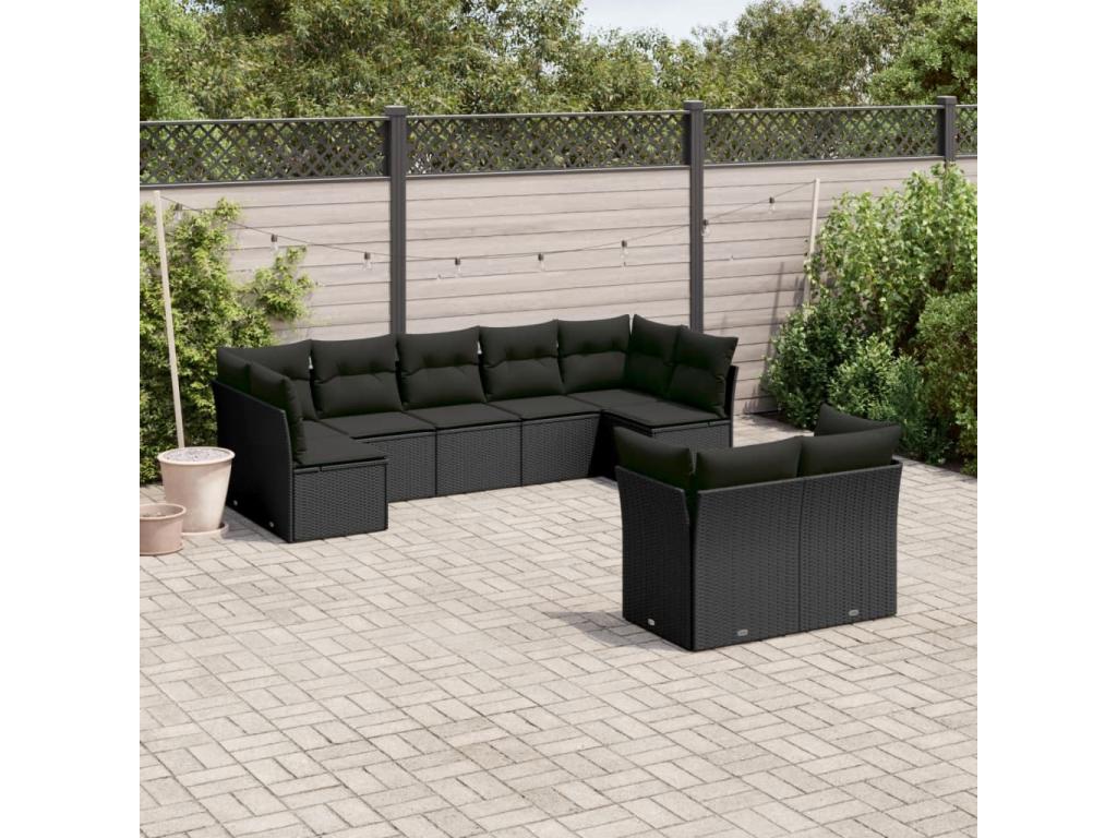 Salon de jardin 9 pièces avec coussins noir résine tressée YFVQ69731