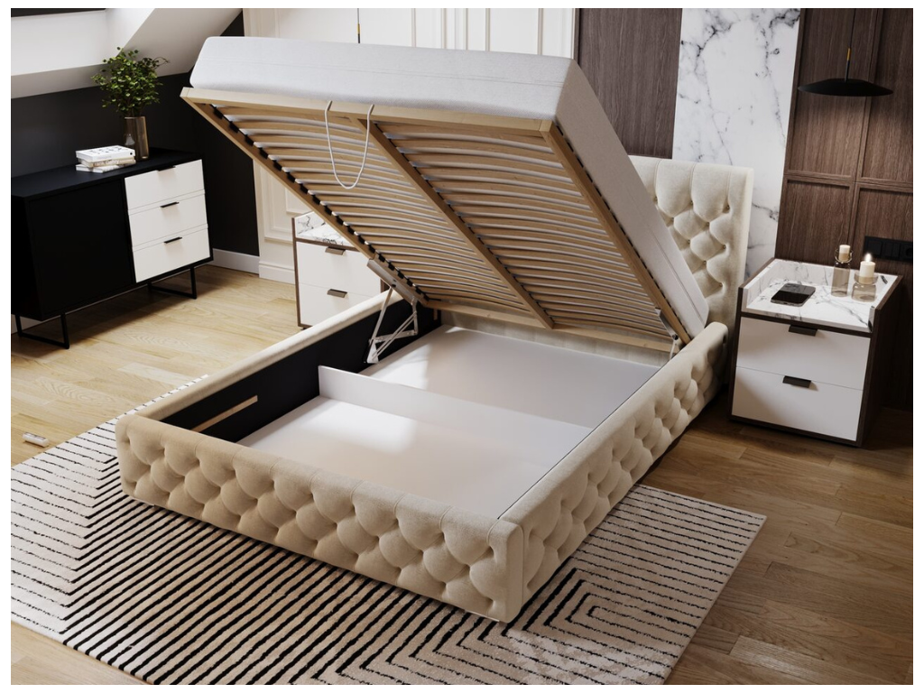 Lit rembourré avec rangement - 180x200 - lit double - velours - noir - Boisona YCLB40491