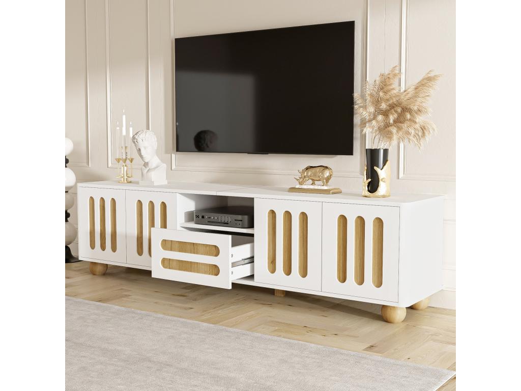Meuble TV moderne avec 4 portes et 1 tiroir - 180x40x47 cm - LEDs - Panneau de particules MDF - Blanc et bois FXMD17773
