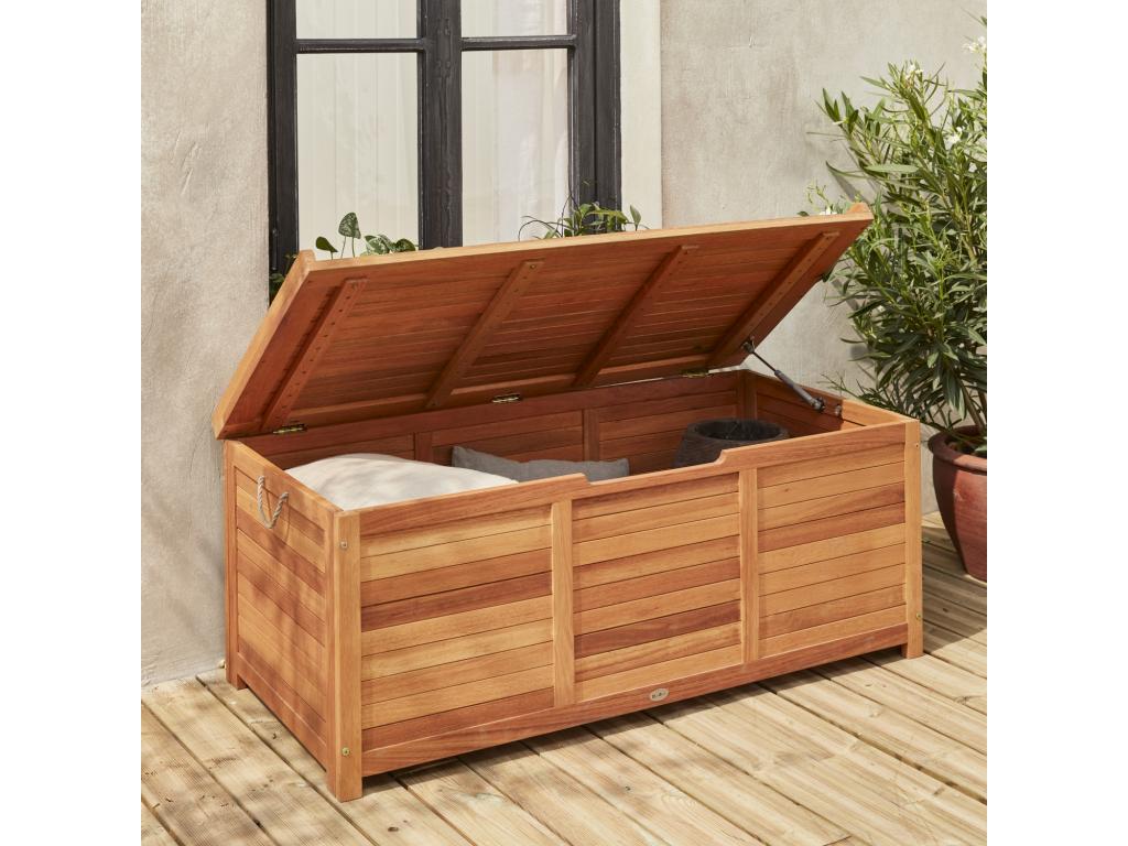 Coffre de jardin en bois 200L - Caja gris- 125x60cm rangement coussins avec 2 vérins et poignées PNSW64681