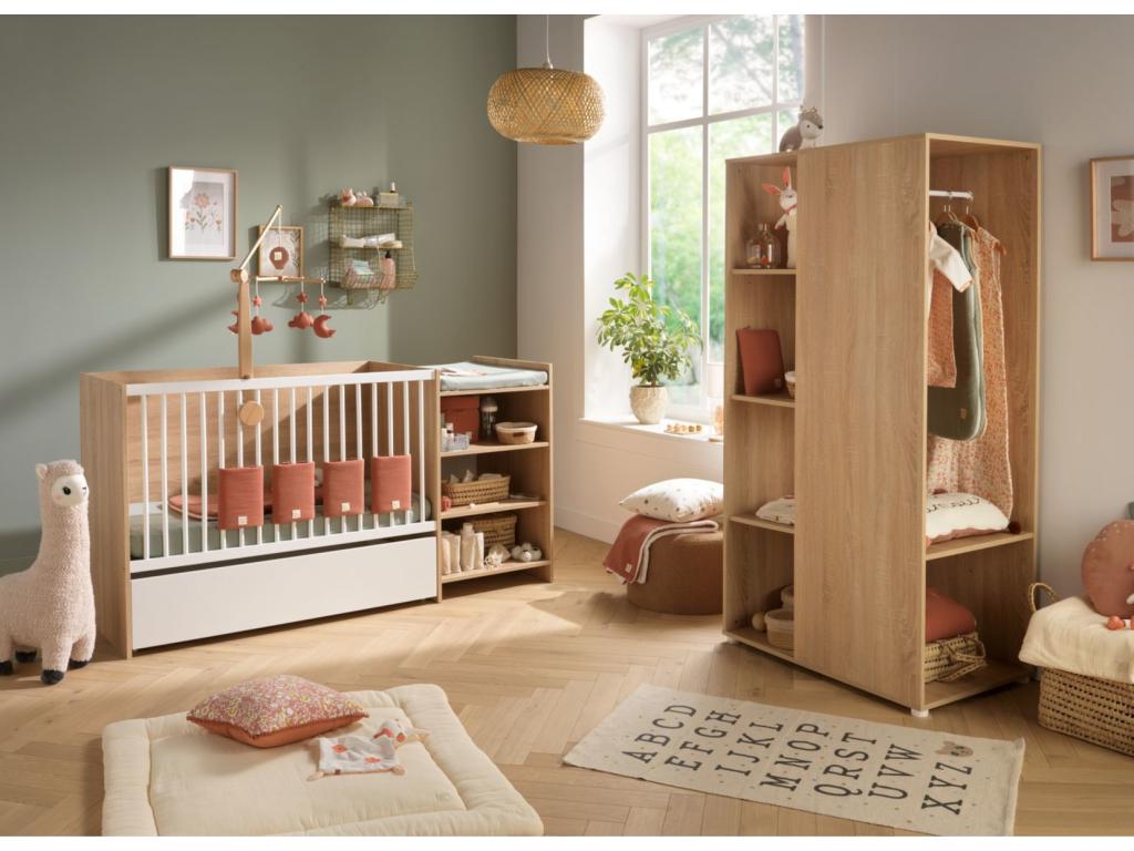 Lit bébé combiné 120x60 évolutif en 90x190 en décor bois avec commode à langer étagère SAVB34127