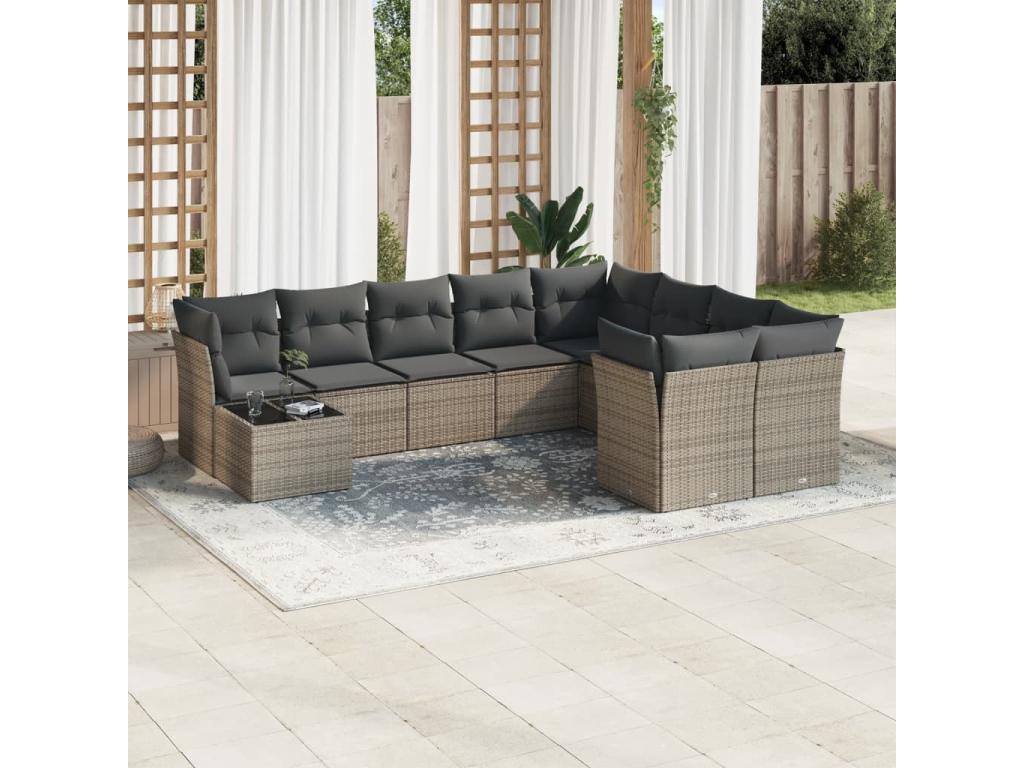 Salon de jardin avec coussins 10 pièces gris résine tressée FRAS23331