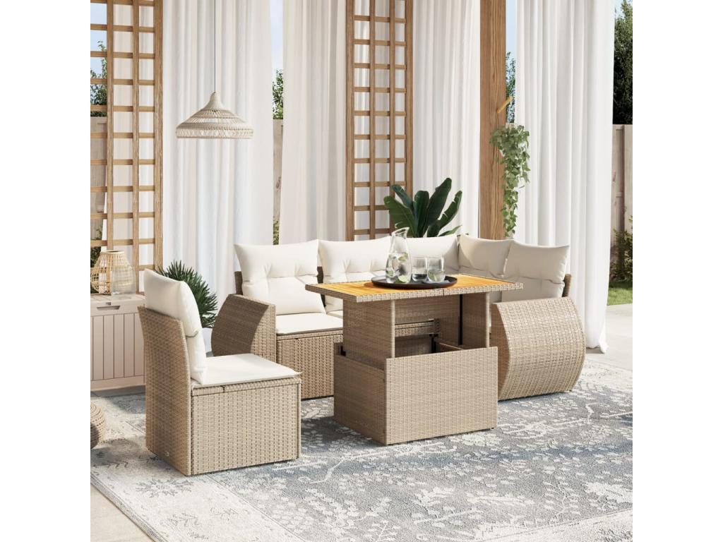 Salon de jardin avec coussins 6 pcs beige résine tressée JHRX65862