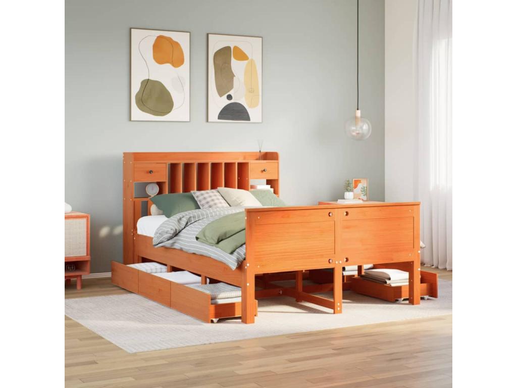 Lit bibliothèque sans matelas cire marron 140x190 cm pin massif QANP76272