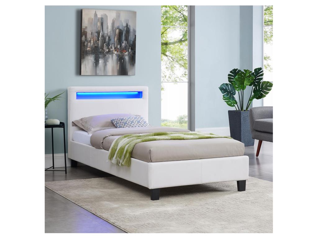 Lit LED simple 90x190 cm avec sommier tête de lit confortable lit 1 place revêtement synthétique blanc LUCENO SMMW40262