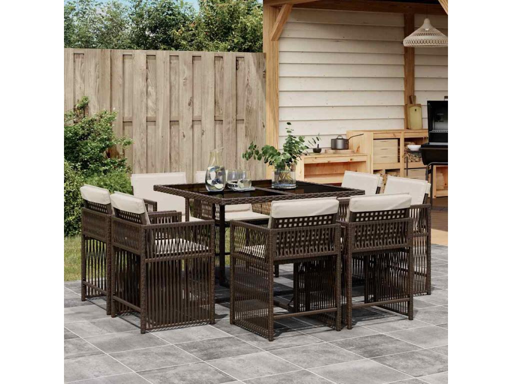 Ensemble à manger de jardin et coussins 9 pièces marron poly rotin PRMY55806