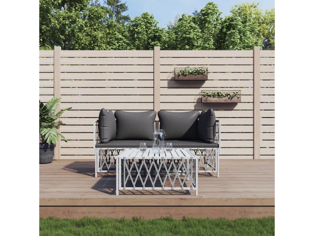 Salon de jardin avec coussins 3 pièces blanc acier BVMB07678