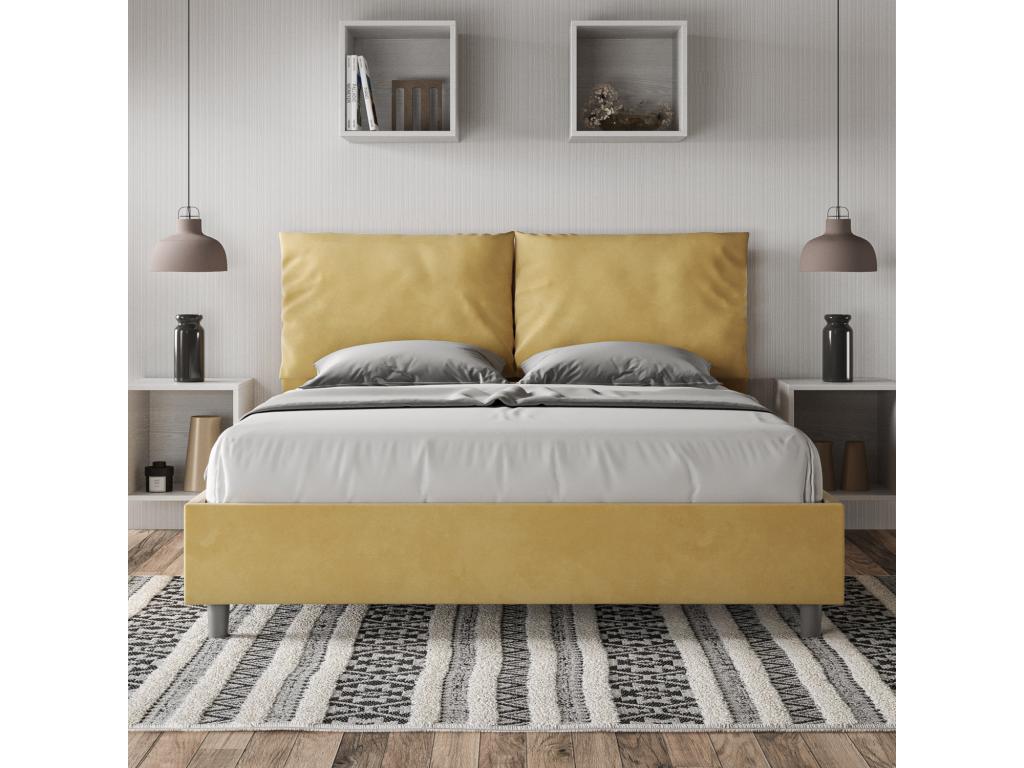 Lit coffre double surélevé capitonné Boisona 160x190 en microfibre ocre WPAT86513