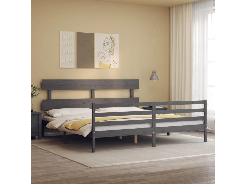 Cadre de lit avec tête de lit gris 200x200 bois massif RJEW21494