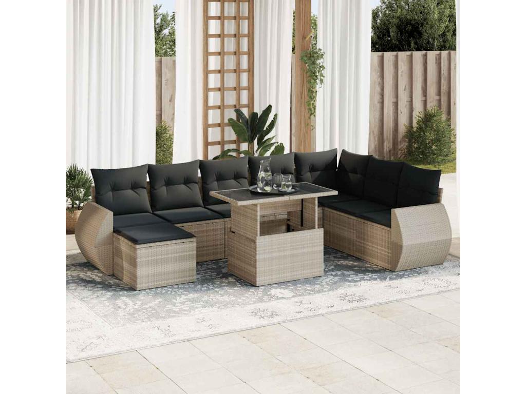 Salon de jardin 9 pcs avec coussins gris clair résine tressée DDCP08763