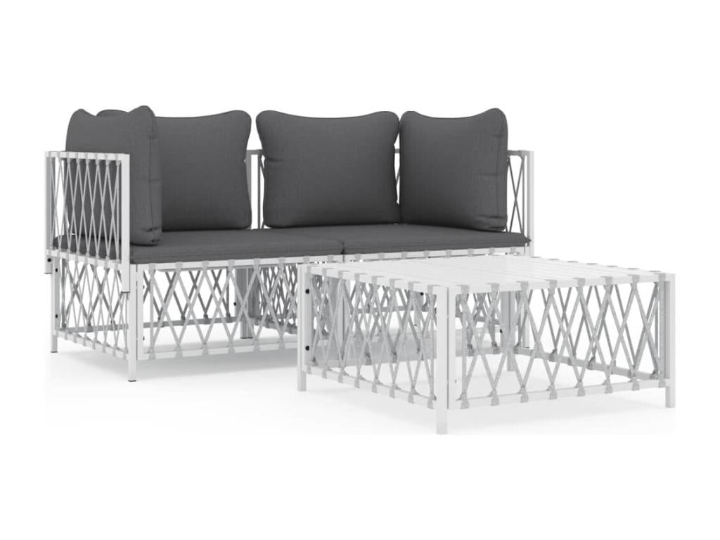 Salon de jardin avec coussins 3 pièces blanc acier BVMB07678