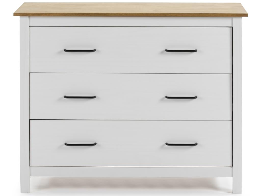 Commode en pin massif décor ciré blanc et chêne meuble de rangement - Longueur 100 x Profondeur 40 x Hauteur 80 cm EFIW27186