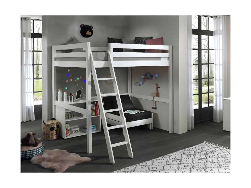 Boisona - Lit Mezzanine Blanc 140x200cm avec Fauteuil et Étagère JCLV03068