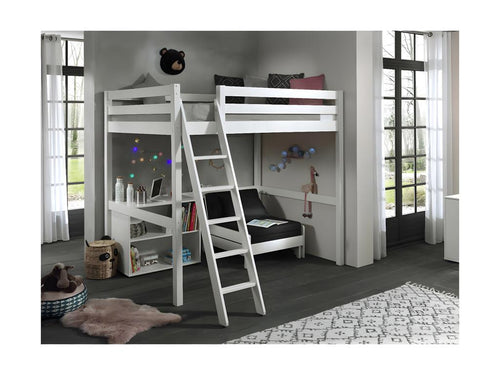 Boisona - Lit Mezzanine Blanc 140x200cm avec Fauteuil et Étagère JCLV03068