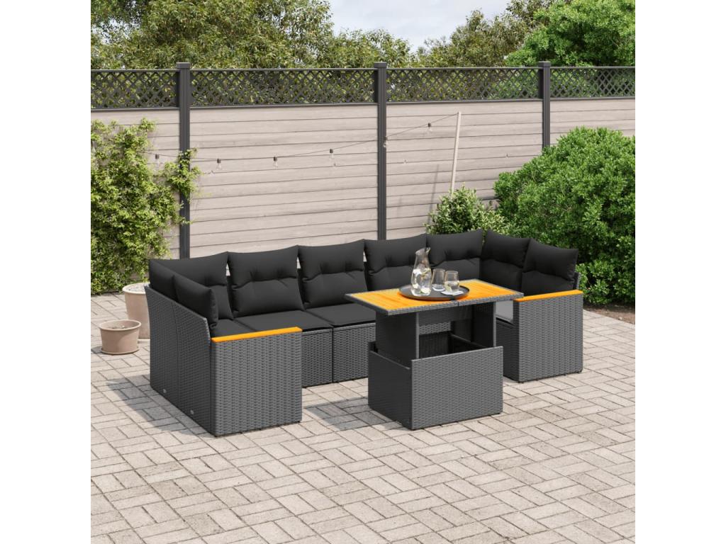 Salon de jardin 8 pièces avec coussins noir résine tressée OEKE45845
