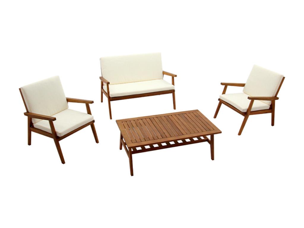 Salon de jardin en bois massif avec coussins déhoussables beige naturel Boisona SNLI42025