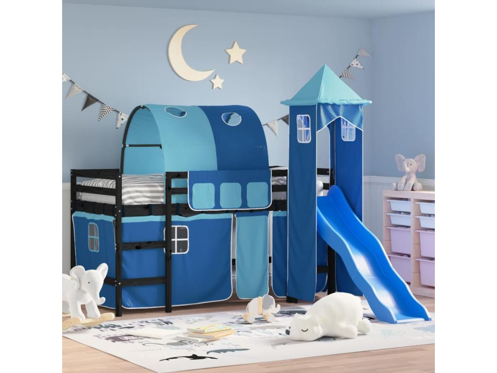 Lit mezzanine enfant avec tour bleu 90x190 cm bois pin massif DKGM39941