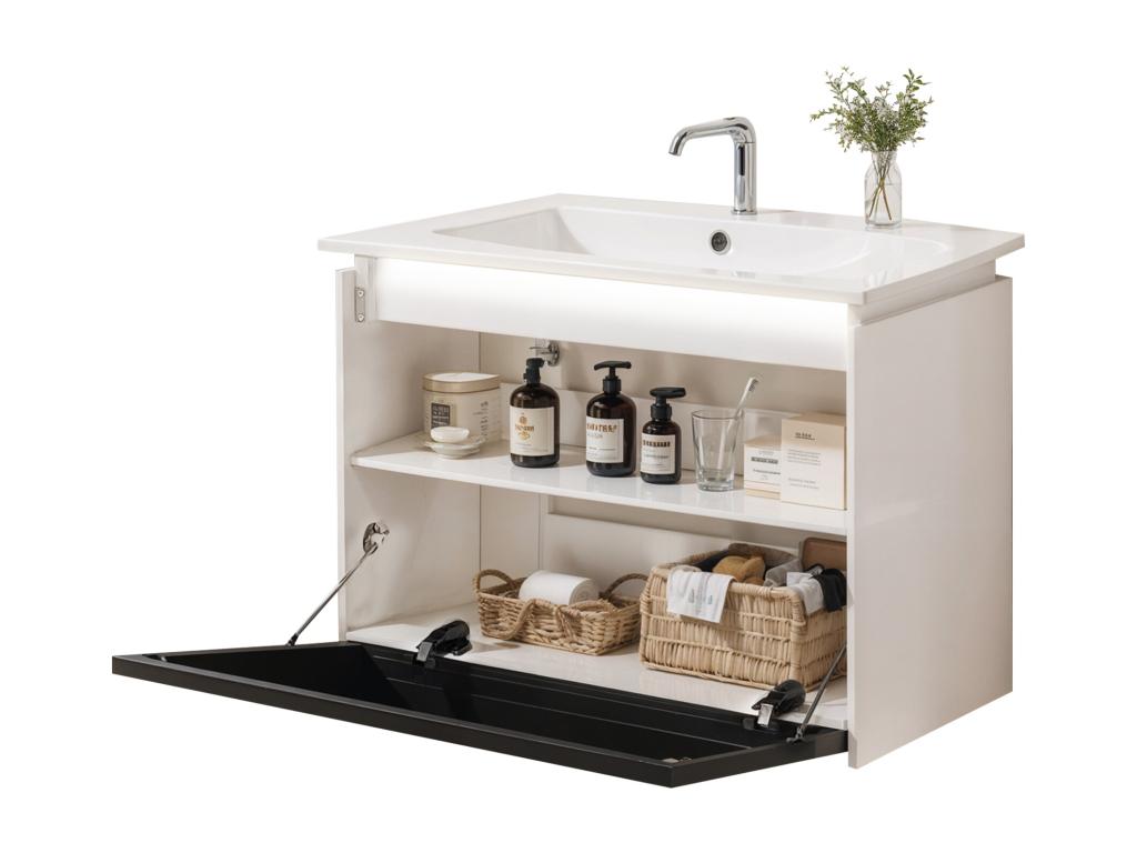Meuble de salle de bain suspendu avec LED et porte vitrée abattante - vasque en céramique - Blanc / Noir DKNY50904