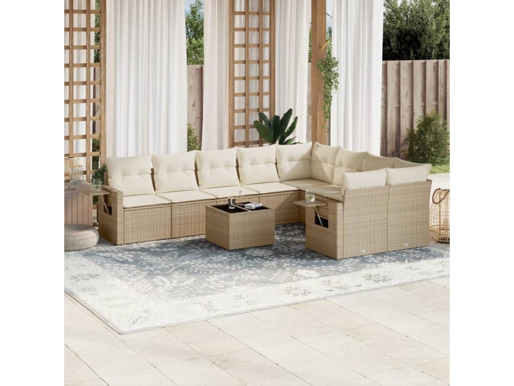 Salon de jardin avec coussins 10 pièces beige résine tressée JRWN38610