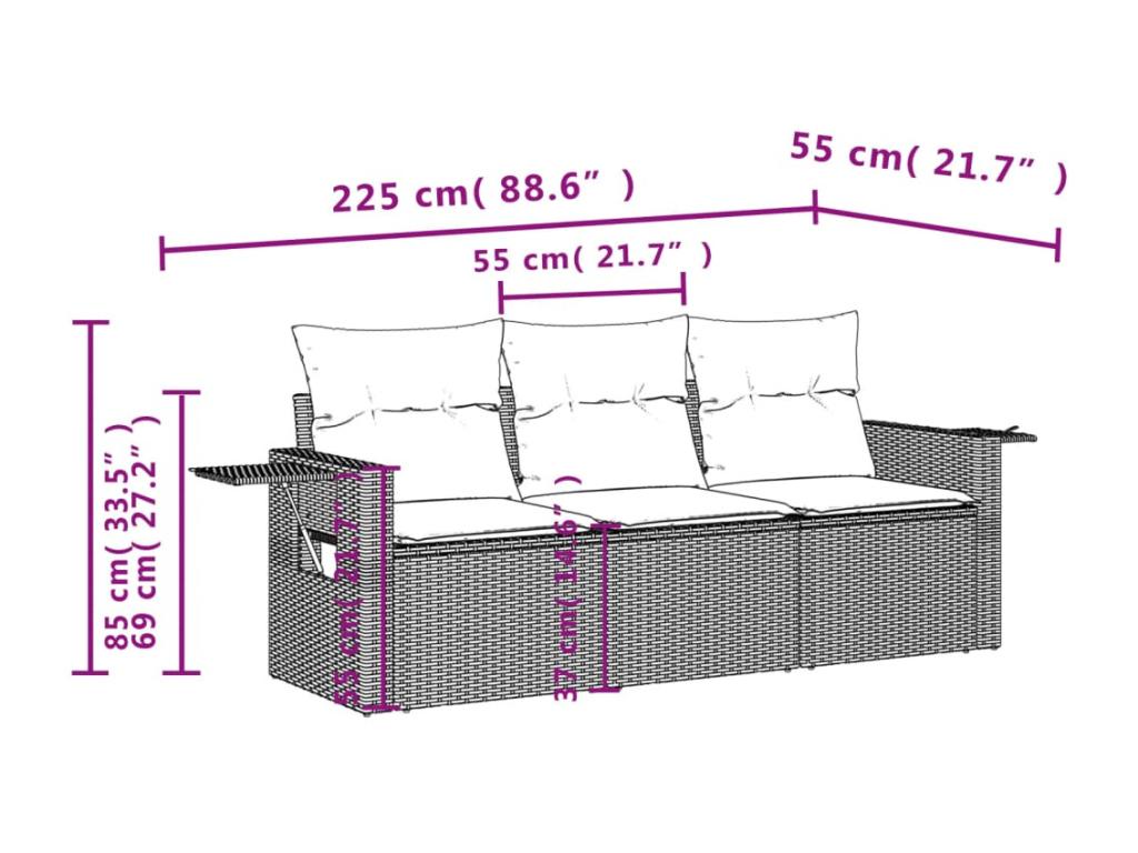 Salon de jardin 3 pcs avec coussins noir résine tressée HMED70713