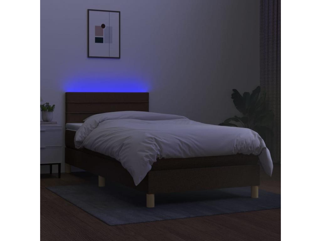 Sommier tapissier matelas et LED Marron foncé 100x200cm Tissu PJCI14084
