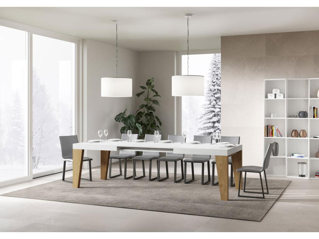 Table extensible 90x160/420 cm Boisona dessus Frêne Blanc pieds Chêne Nature LFON30849