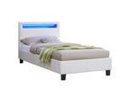 Lit LED simple 90x190 cm avec sommier tête de lit confortable lit 1 place revêtement synthétique blanc LUCENO SMMW40262