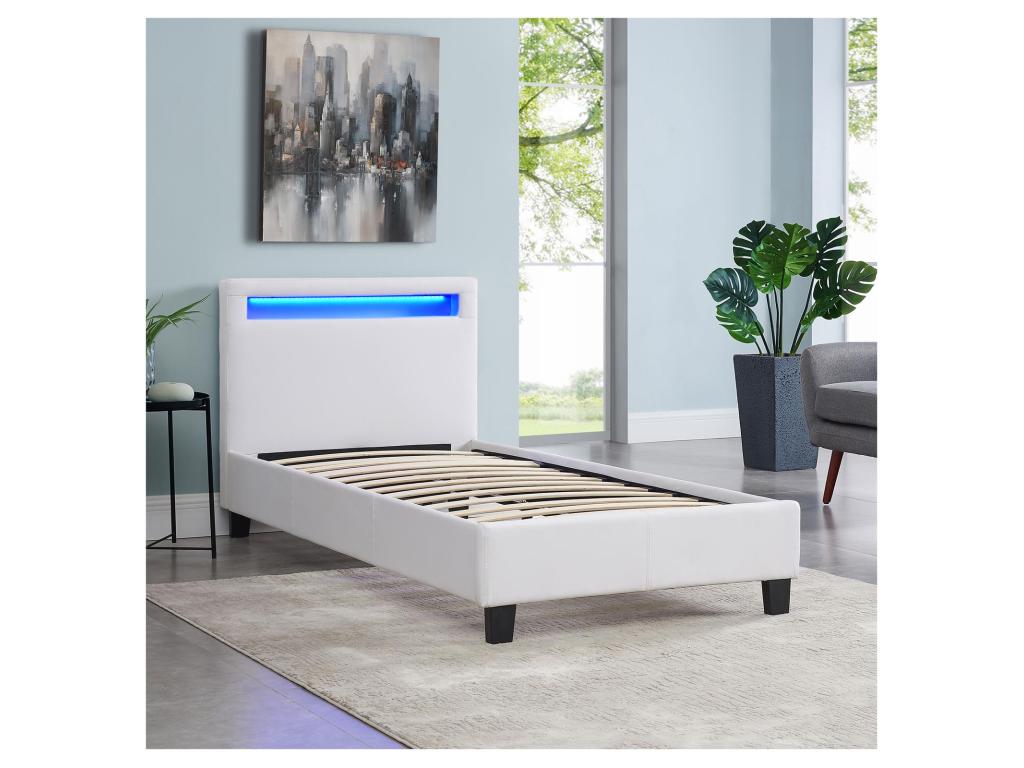 Lit LED simple 90x190 cm avec sommier tête de lit confortable lit 1 place revêtement synthétique blanc LUCENO SMMW40262
