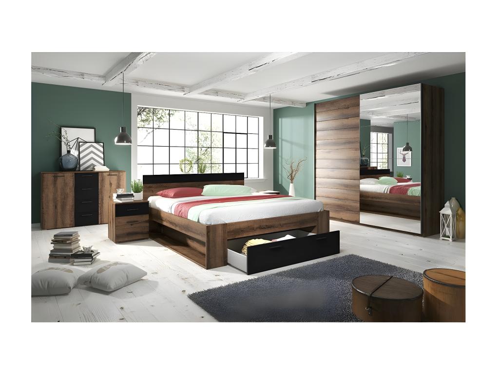 Lit adulte 160x200 avec tiroirs intéBoisonas - Collection Boisona- Coloris chêne foncé et noir DPSJ62826