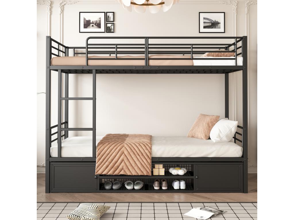 Lit superposé 90x200 cm en métal avec étagère ouverte et placard à deux portes échelle latérale et barrière de sécurité - Noir PFYZ89909