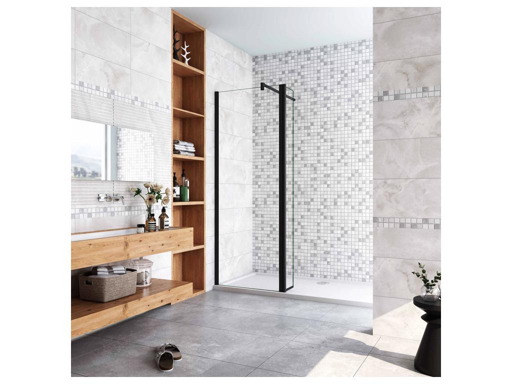 Paroi de douche à l'italienne avec retour pivotant 60 40x200cm avec barre de fixation 90cm en carré - Noir Mat - 8mm verre anticalcaire HHDF42835