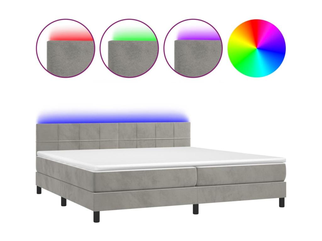 Sommier tapissier matelas et LED Gris clair 200x200 cm Velours JPWA58368
