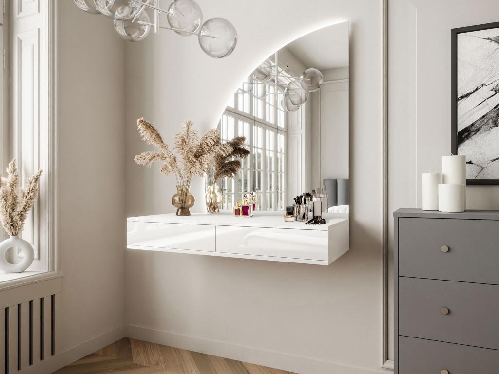 Coiffeuse suspendue avec miroir à LEDs - 2 tiroirs - Blanc brillant - Boisona LCFO43316