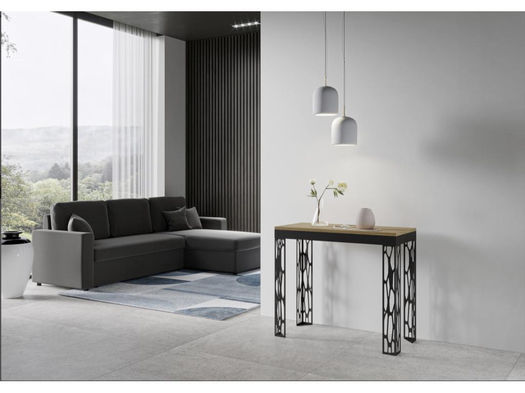Console extensible design bois et acier anthracite Boisona-Couleur Gris ciment-Support 4 pieds-5 rallonges ESLY36217